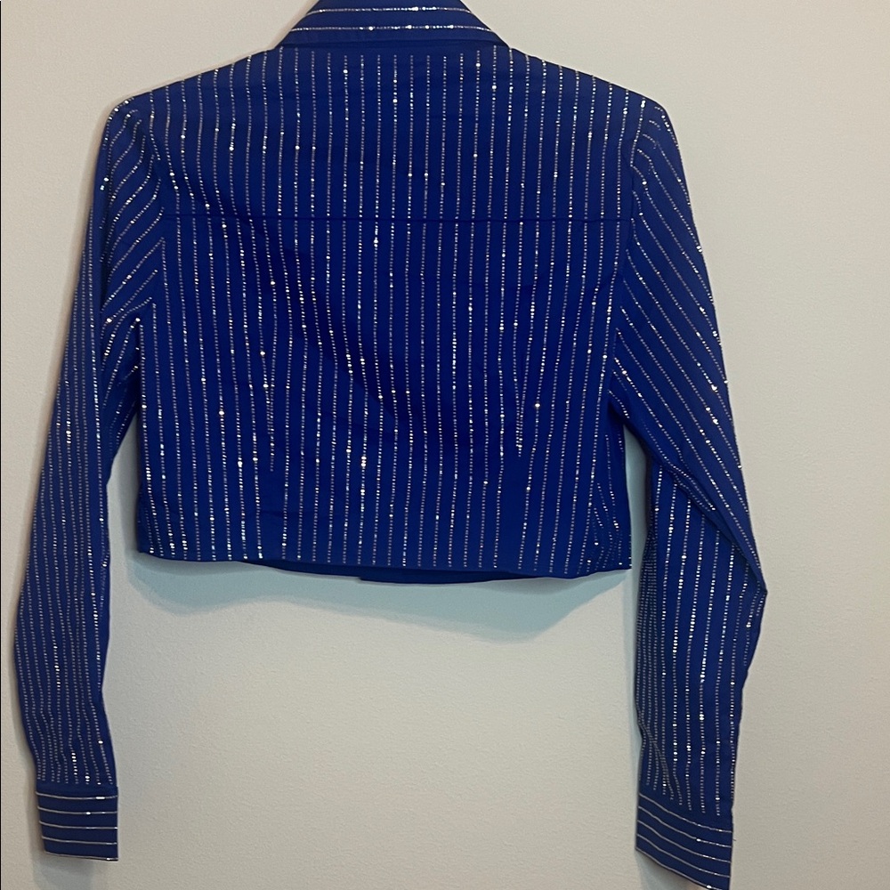 Blue Sparkle Cropped Button Down Top - image 7